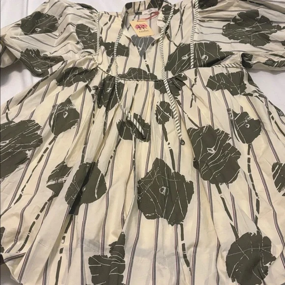 Entro Olive Green Floral Striped Piping Puff Sleeve Babydoll Mini Dress SZ L NWT - Picture 9 of 12